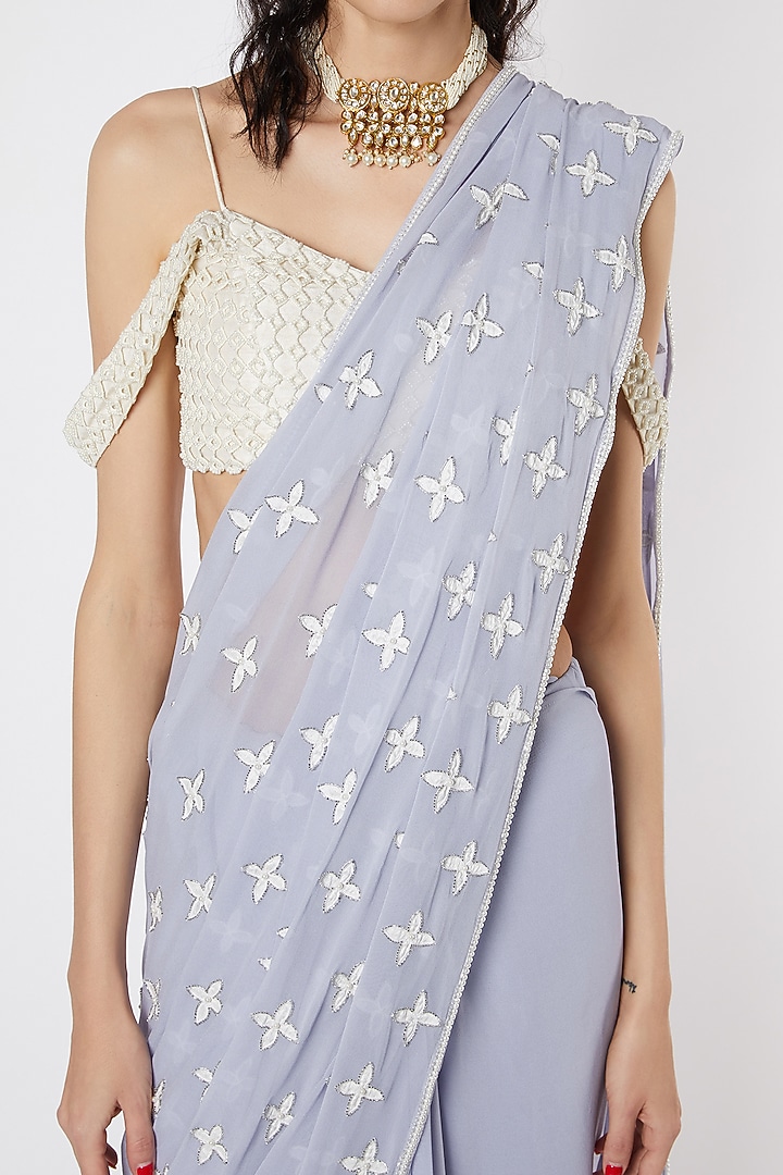 Mauve Pure Silk Georgette Floral Applique Embroidered Wedding Saree Set by DUARA at Pernia's Pop Up Shop