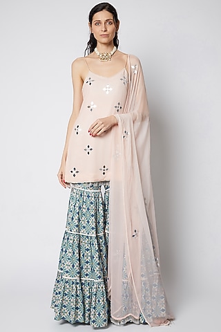 Pastel Peach & Teal Green Printed Sharara Set by DUARA