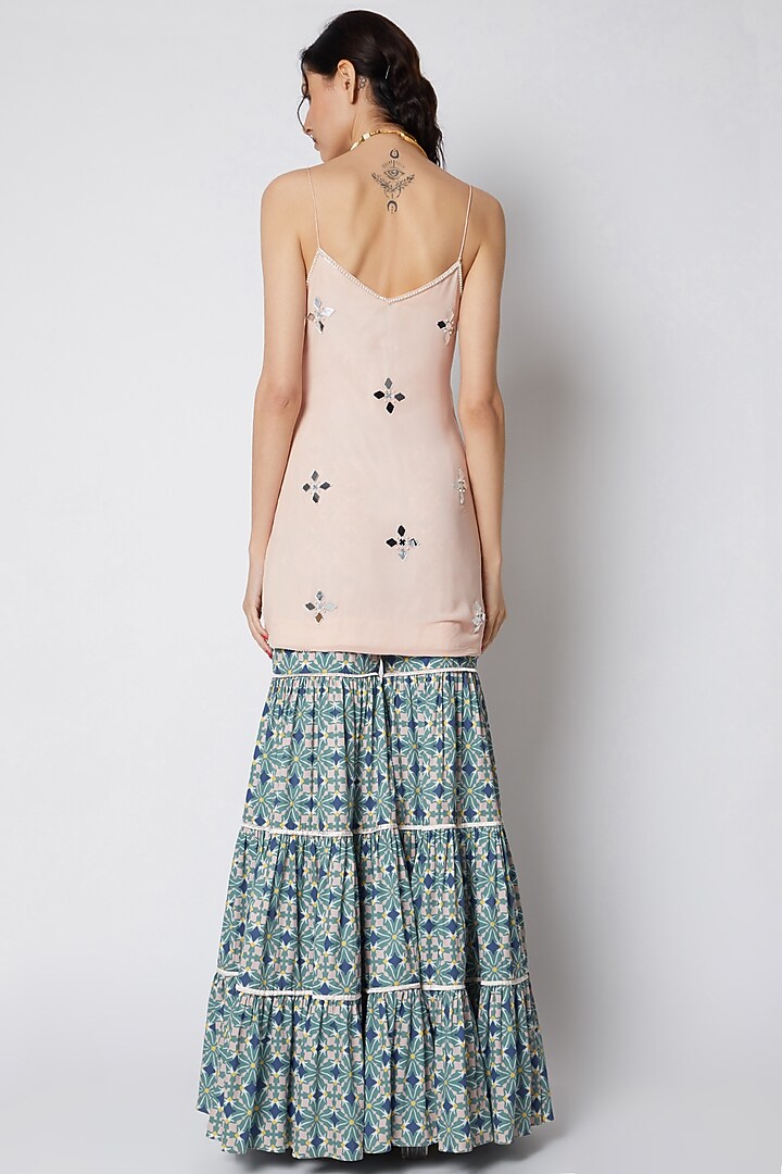 Pastel Peach & Teal Green Printed Wedding Sharara Set by DUARA at Pernia's Pop Up Shop