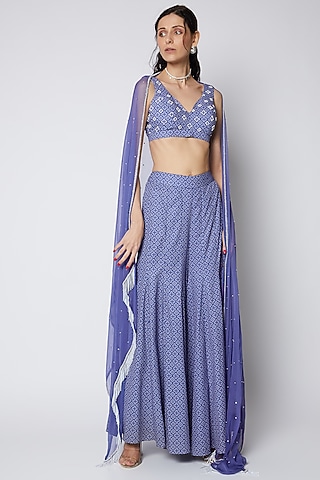 Cobalt Blue Printed Panelled Sharara Set by DUARA