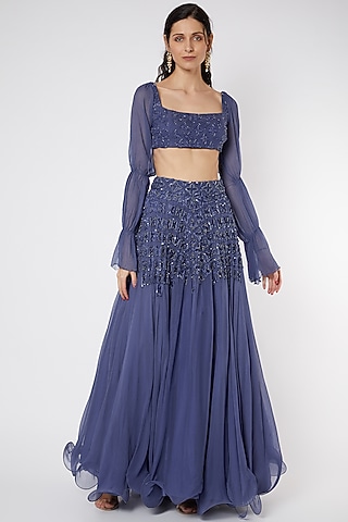 Cobalt Blue Embroidered Lehenga Set by DUARA
