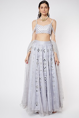 Pastel Mauve Lehenga Set With Mirror Work by DUARA