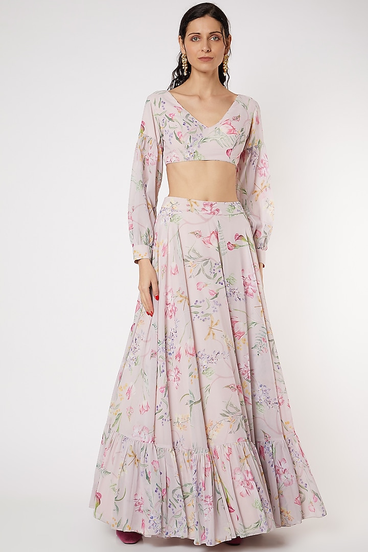 Blush Pink Floral Hand Printed Skirt Set by DUARA at Pernia's Pop Up Shop