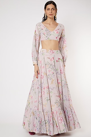 Blush Pink Floral Hand Printed Skirt Set by DUARA