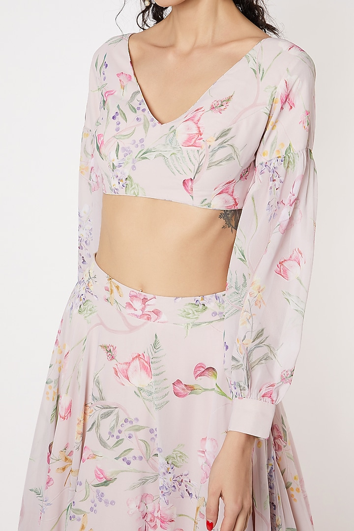 Blush Pink Floral Hand Printed Skirt Set by DUARA at Pernia's Pop Up Shop