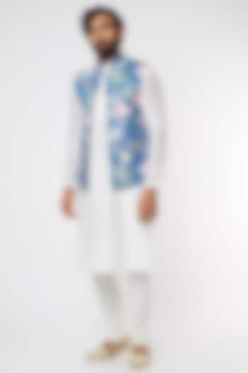 Cobalt Blue Floral Printed Bundi Jacket Set by DUARA Men at Pernia's Pop Up Shop