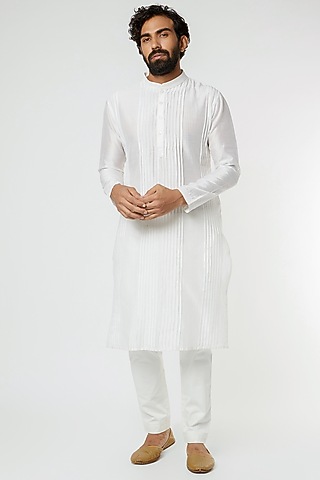 White Chanderi Silk Kurta Set by DUARA Men
