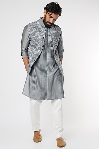 Grey Chanderi Bundi Jacket Set by DUARA Men
