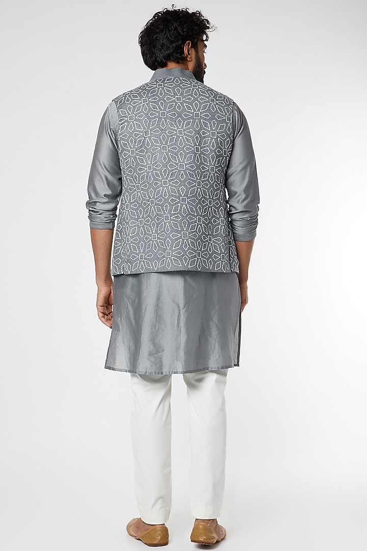 Grey Chanderi Bundi Jacket Set by DUARA Men at Pernia's Pop Up Shop