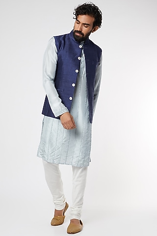 Dark Blue Pintucked Bundi Jacket Set by DUARA Men