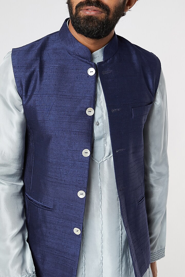 Dark Blue Pintucked Bundi Jacket Set by DUARA Men at Pernia's Pop Up Shop