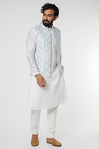 White Raw Silk Kurta Set by DUARA MEN