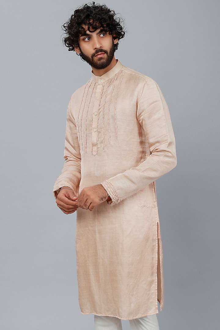 Salmon Pink Linen Satin Kurta by DUARA MEN at Pernia's Pop Up Shop