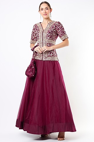Maroon Embroidered Jacket Set With Potli Bag by Usha Bagri