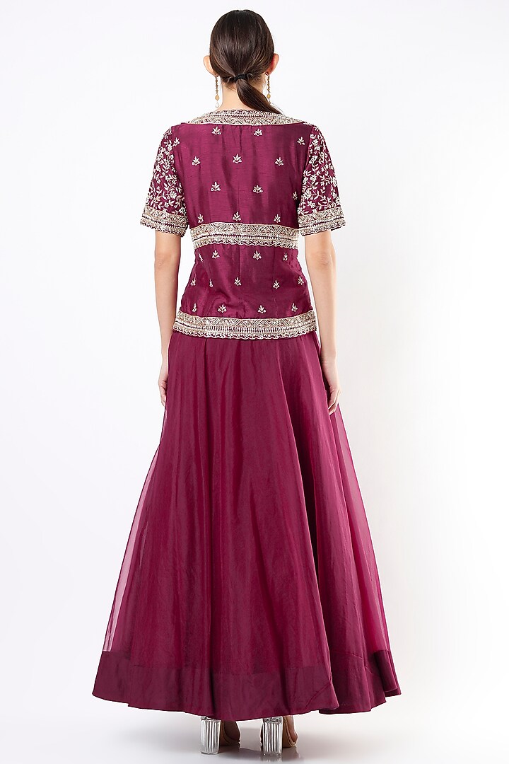 Maroon Embroidered Jacket Set With Potli Bag by Usha Bagri at Pernia's Pop Up Shop