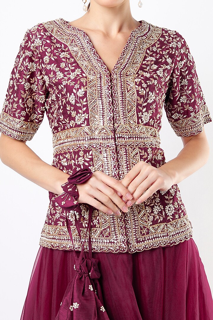 Maroon Embroidered Jacket Set With Potli Bag by Usha Bagri at Pernia's Pop Up Shop
