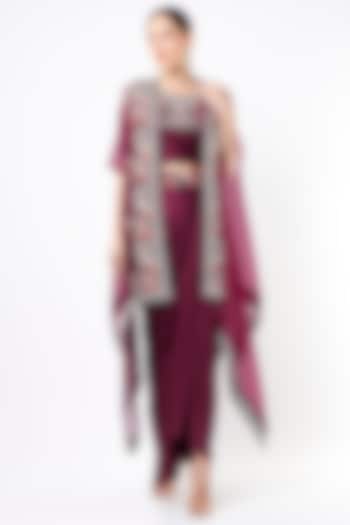 Maroon Embroidered Draped Skirt Set by Usha Bagri