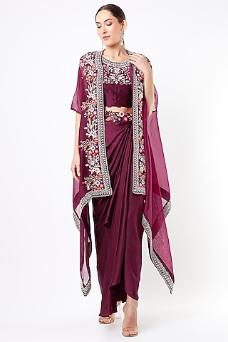 Maroon Embroidered Draped Skirt Set by Usha Bagri