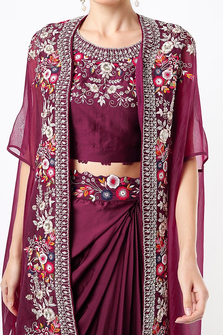 Maroon Embroidered Draped Skirt Set by Usha Bagri at Pernia's Pop Up Shop