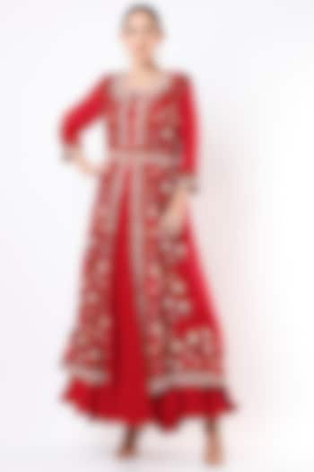 Red Embroidered Jacket Set With Belt by Usha Bagri