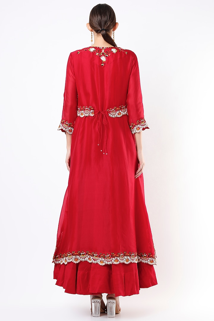Red Embroidered Jacket Set With Belt by Usha Bagri at Pernia's Pop Up Shop