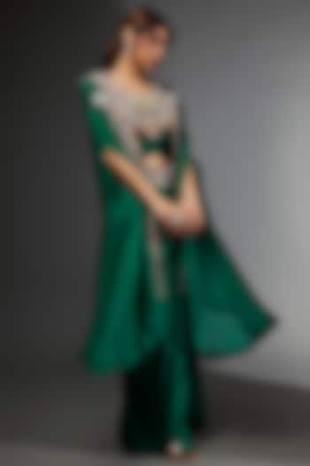 Green Heavy Satin Draped Skirt Set by USHA BAGRI