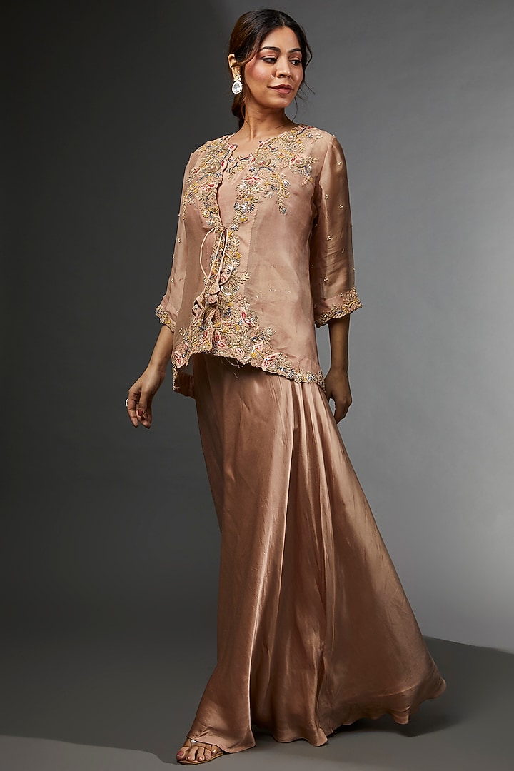 Beige Organza Embroidered Jacket Set by USHA BAGRI at Pernia's Pop Up Shop
