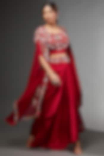 Red Heavy Satin Zardosi Embroidered Draped Skirt Set by USHA BAGRI