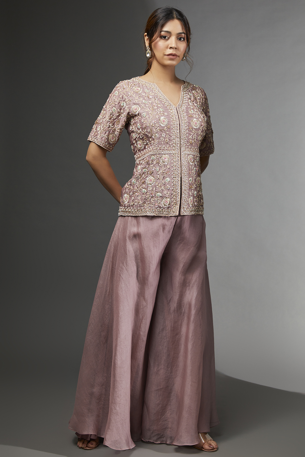 Purple Bamberg Embroidered Jacket Set by USHA BAGRI