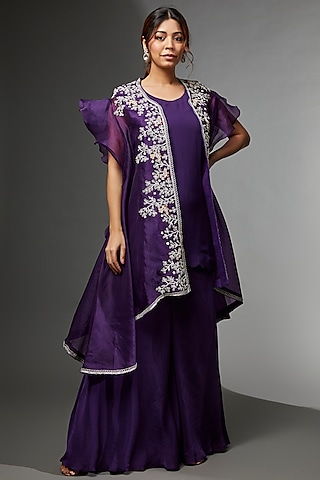 Purple Chiffon Kurta Set With Cape by USHA BAGRI