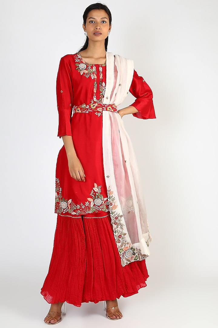 Red Georgette Palazzo Pant Set With Dupatta by USHA BAGRI