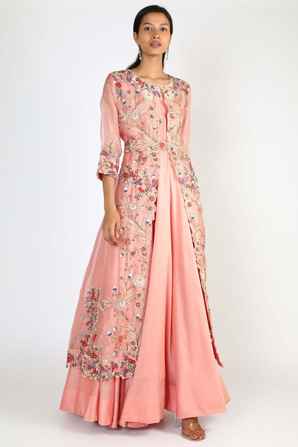 Pink Cape Set With Belt by USHA BAGRI