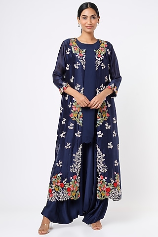 Navy Blue Chiffon Kurta Set by Usha Bagri