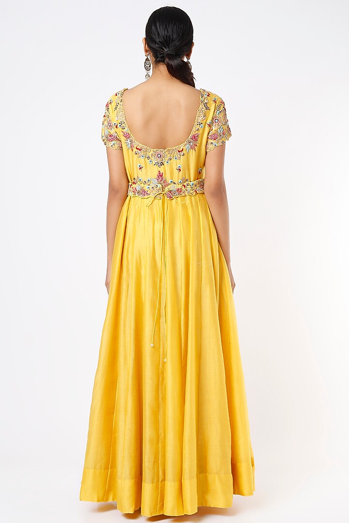 Royal Yellow Hand Embroidered Wedding Anarkali Set by Usha Bagri at Pernia's Pop Up Shop