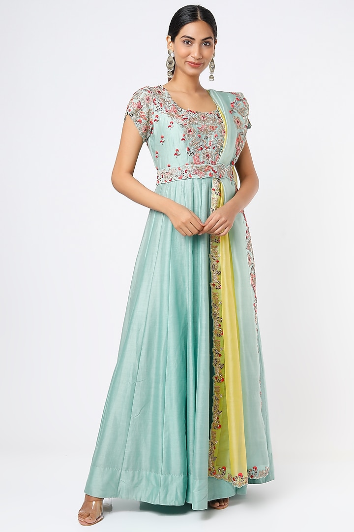 Sky Blue Hand Embroidered Wedding Anarkali Set by Usha Bagri at Pernia's Pop Up Shop