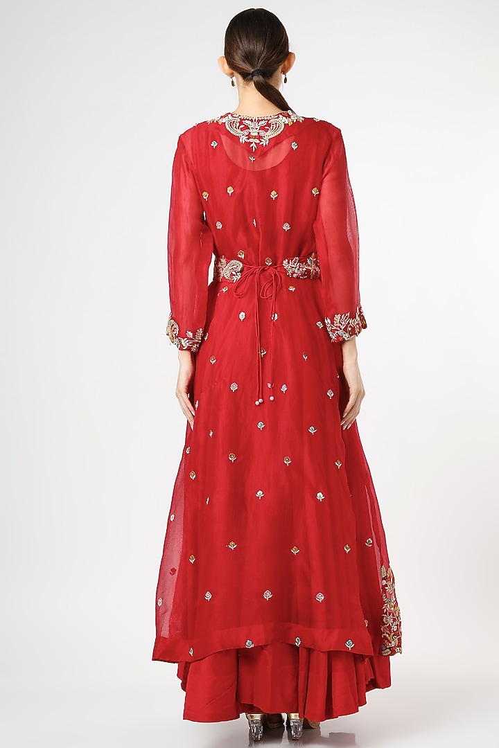 Cadmium Red Embroidered Jacket Set by Usha Bagri at Pernia's Pop Up Shop
