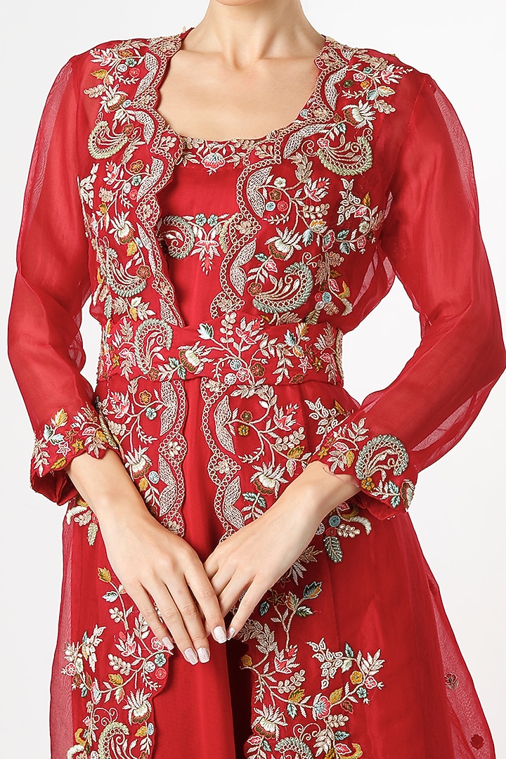 Cadmium Red Embroidered Jacket Set by Usha Bagri at Pernia's Pop Up Shop
