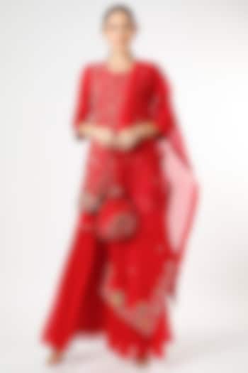 Cadmium Red Chanderi Silk Kurta Set by Usha Bagri