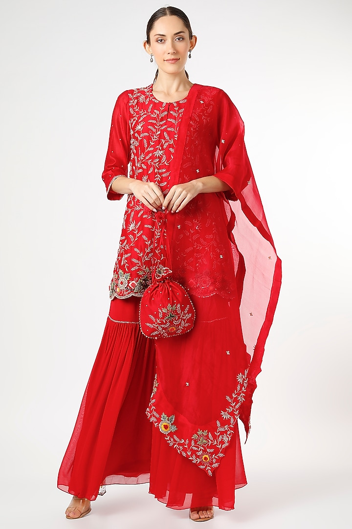 Cadmium Red Chanderi Silk Kurta Set by Usha Bagri
