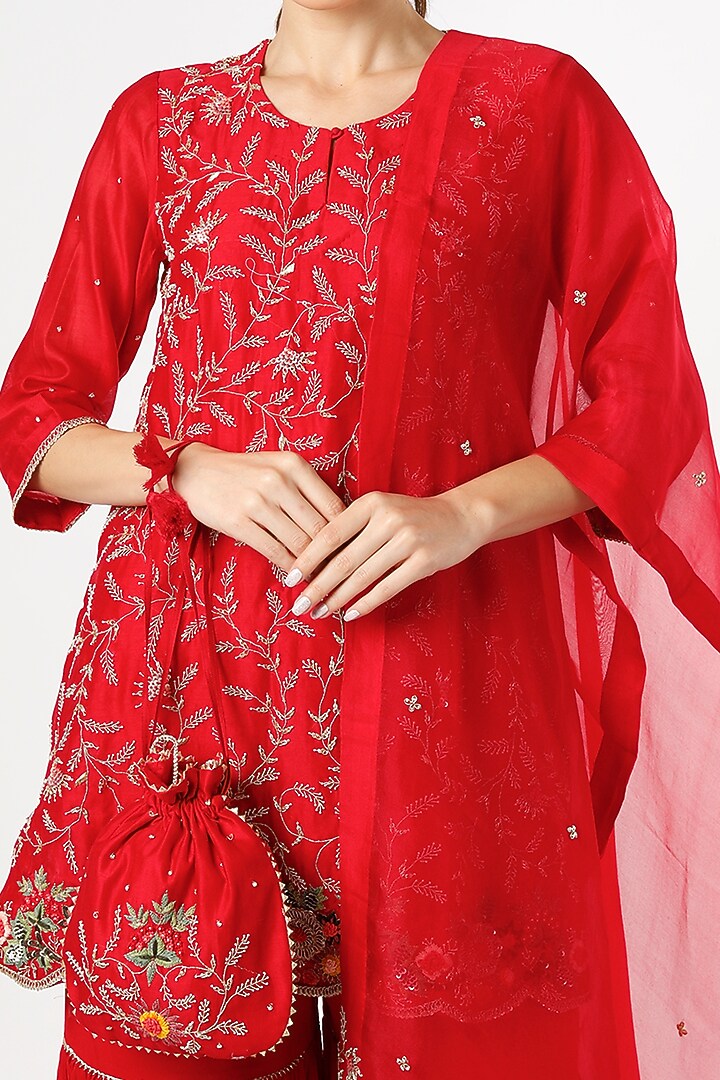 Cadmium Red Chanderi Silk Kurta Set by Usha Bagri at Pernia's Pop Up Shop