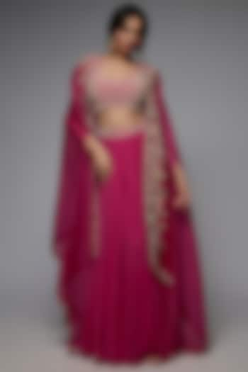 Pink Georgette Zardosi Embroidered Cape Set by USHA BAGRI at Pernia's Pop Up Shop