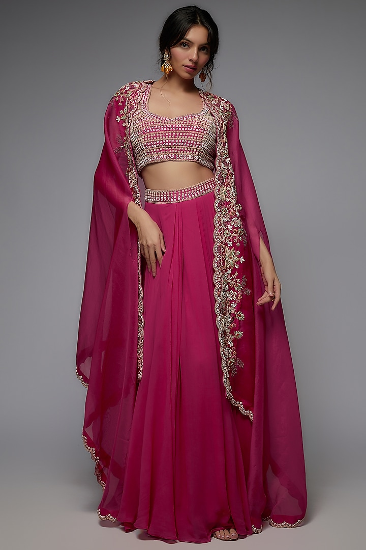 Pink Georgette Zardosi Embroidered Cape Set by USHA BAGRI at Pernia's Pop Up Shop