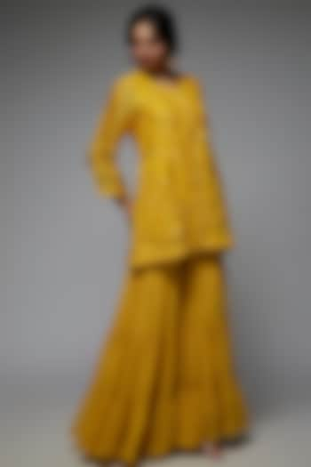 Yellow Georgette Layered Sharara Set by USHA BAGRI at Pernia's Pop Up Shop