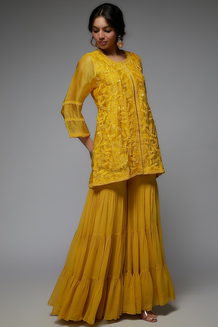 Yellow Georgette Layered Sharara Set by USHA BAGRI at Pernia's Pop Up Shop