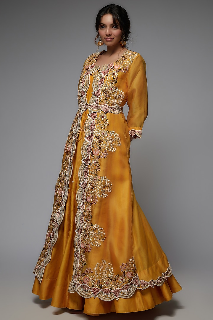 Yellow Organza Embroidered Jacket Set by USHA BAGRI at Pernia's Pop Up Shop