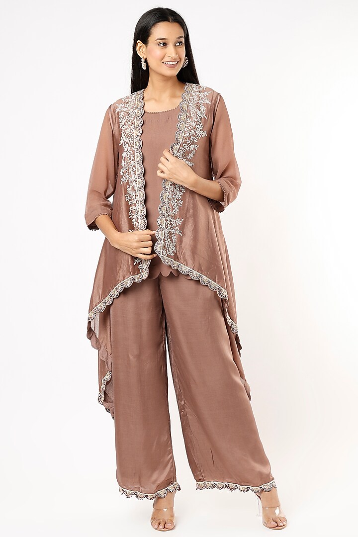 Chocolate Brown Embroidered Cape Set by Usha Bagri