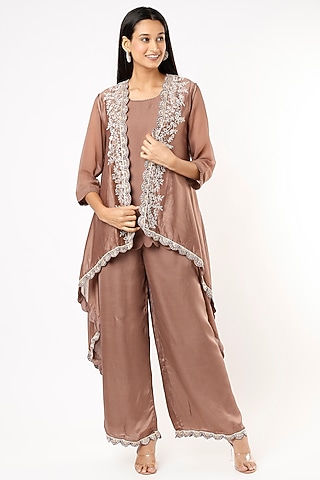 Chocolate Brown Embroidered Cape Set by Usha Bagri