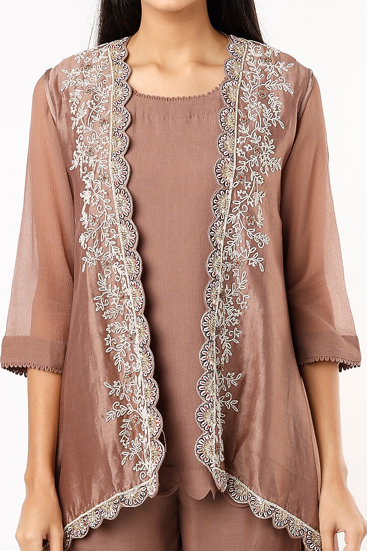 Chocolate Brown Embroidered Cape Set by Usha Bagri at Pernia's Pop Up Shop