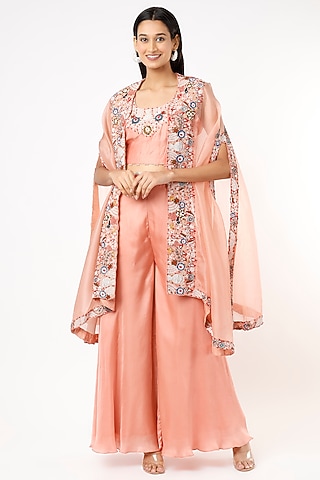 Peach Embroidered Cape Set by Usha Bagri