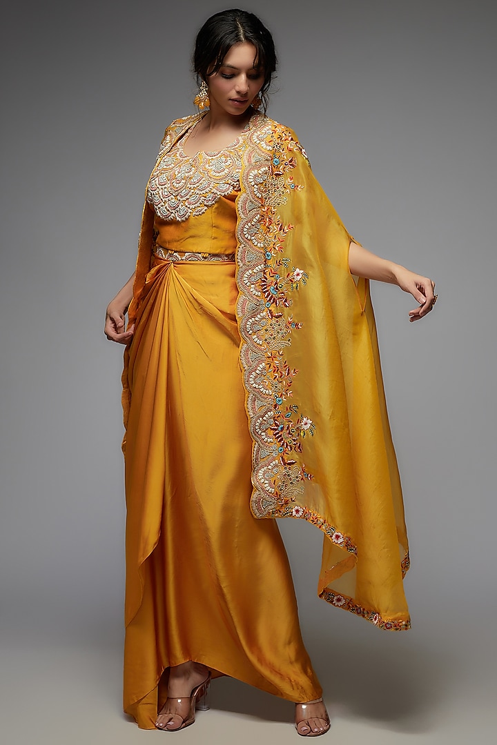 Yellow Organza Embroidered Cape Set by USHA BAGRI